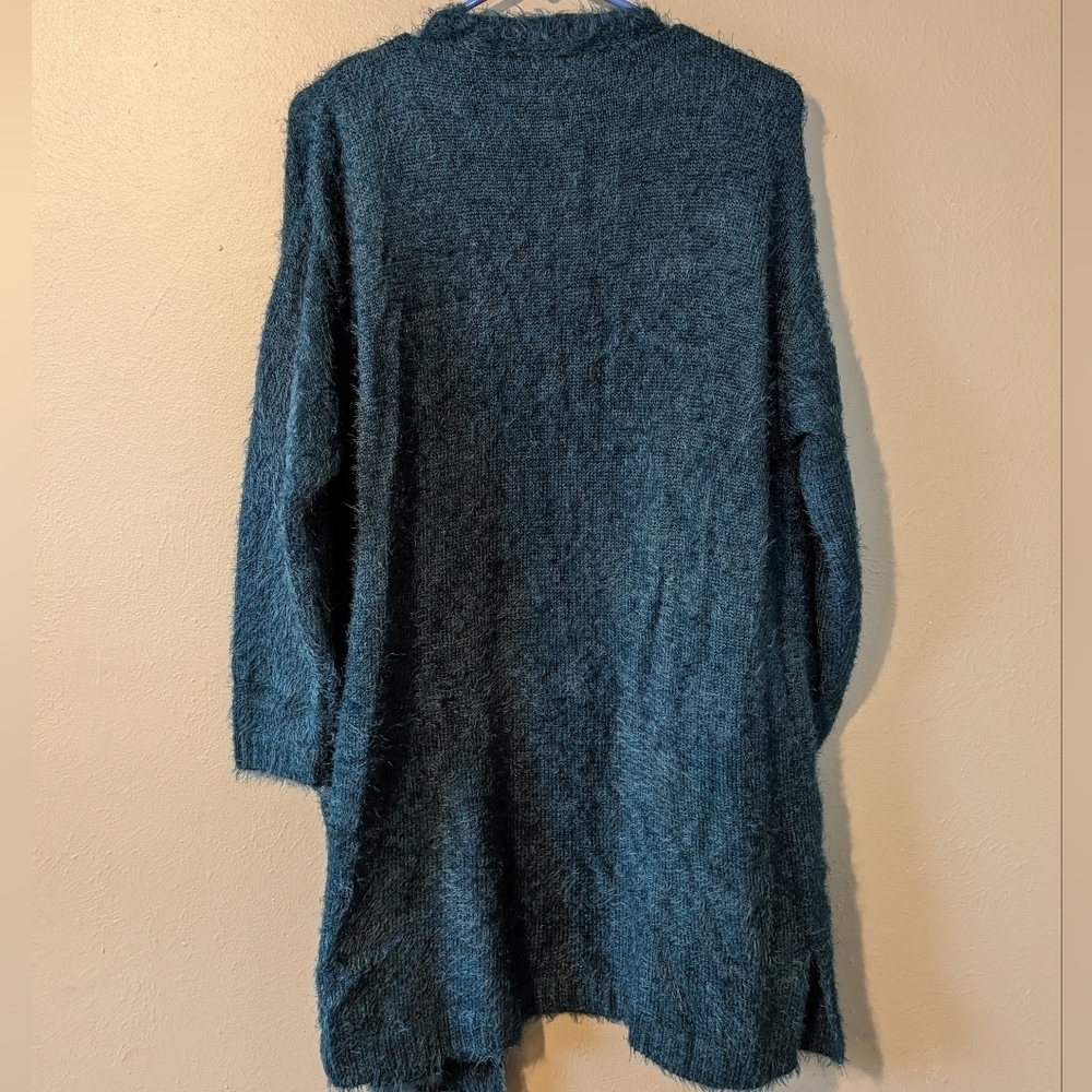 Chelsea & Theodore Turquoise Teal Fuzzy Knit Long Line Open Cardigan Size L - Picture 5 of 6